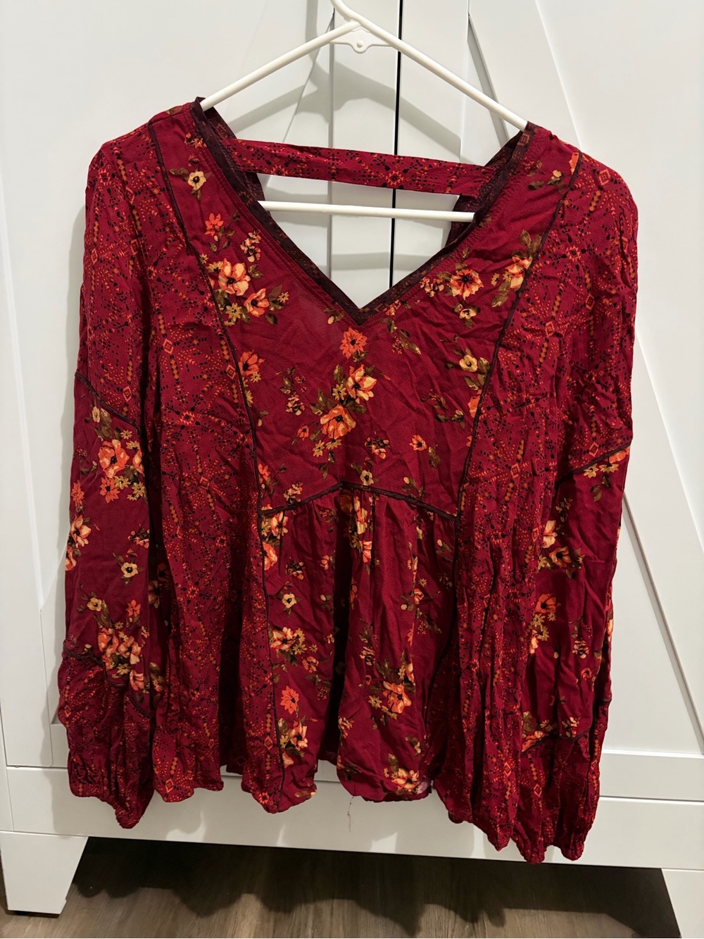 Maurices Burgundy Floral V-Neck Peplum Blouse